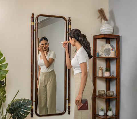 Skyler Antique Sheesham Wood Full Length Mirror With Brass Design (Walnut Finish)