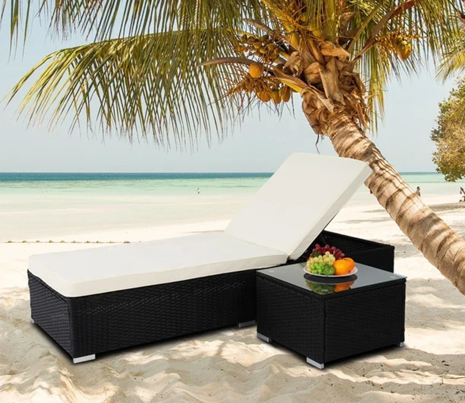 Black Adjustable Outdoor Patio Lounger With Table And Off White Cushions