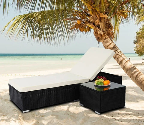 Black Adjustable Outdoor Patio Lounger With Table And Off White Cushions
