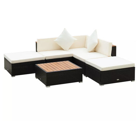 Black Rattan And Wicker 5 Seater Patio Set With Table And Cream Cushions