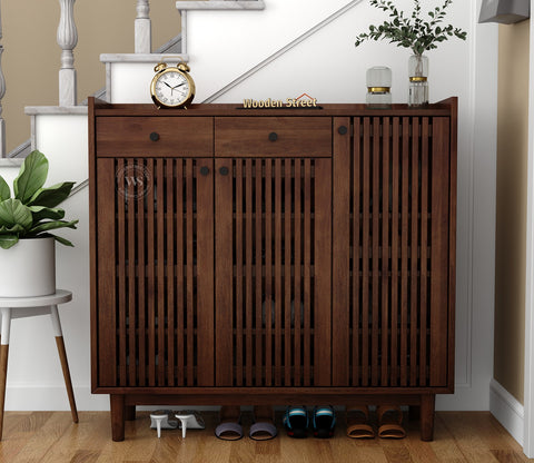 Gaitor Soild Wood Shoe Cabinet with Drawers & Slatted Doors (Mango Wood, Teak Finish)