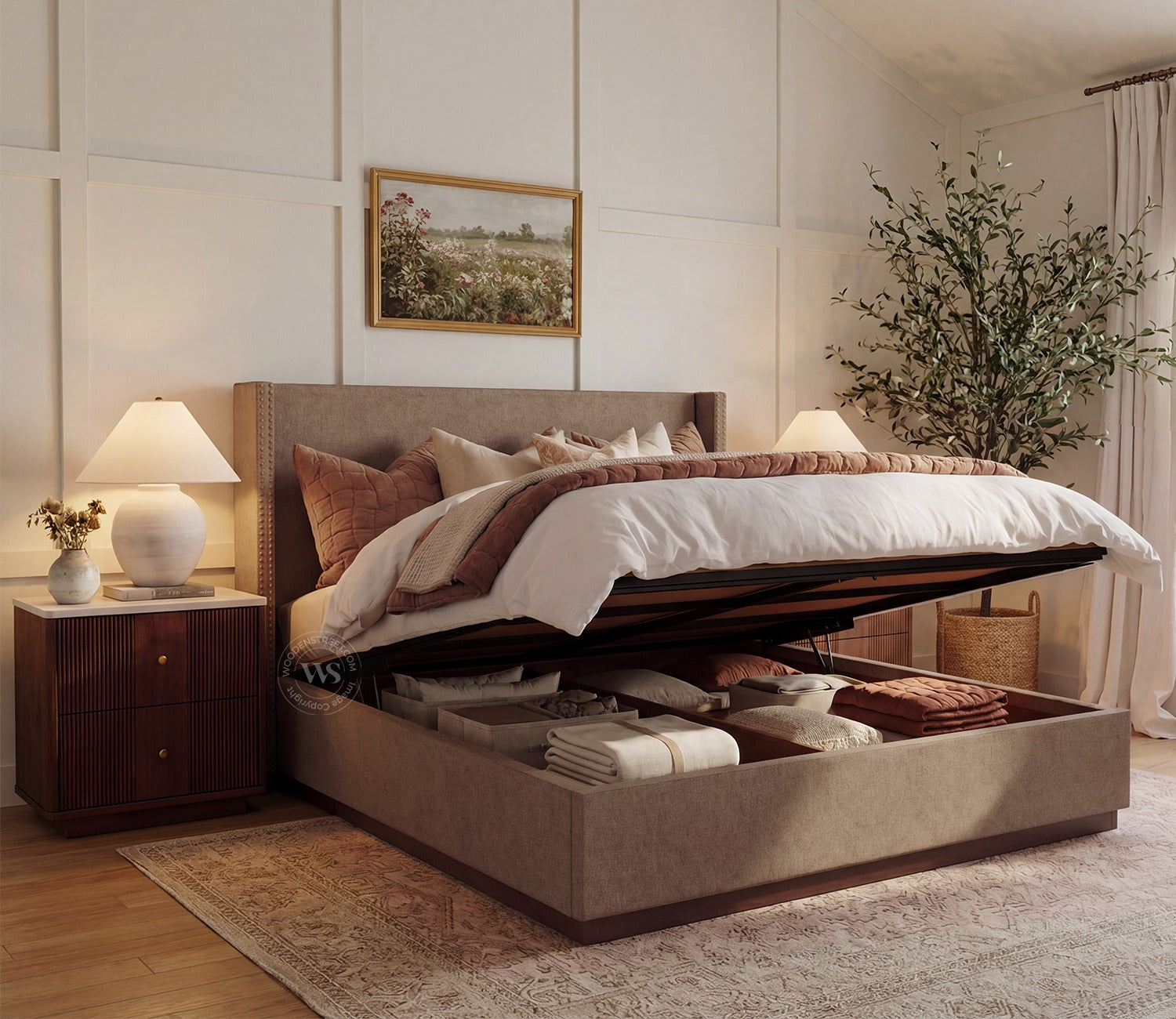 Kesarth Luxe Upholstered Hydraulic Storage Bed with High-Rise Headboard (King Size, Sand Brown)