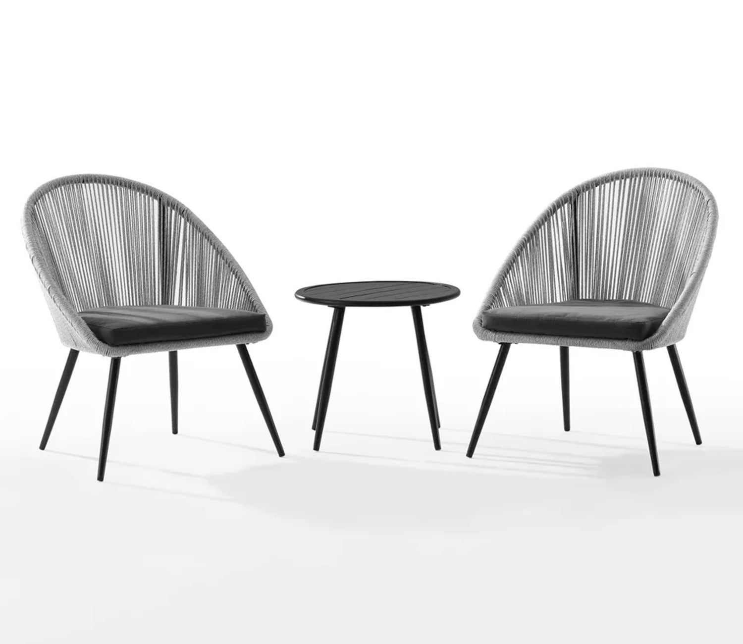 Grey Rope 2 Seater Chair Set With Round Table And Dark Grey Cushions