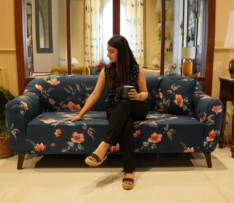 Flaubert Floral Printed Polyester Spandex 3 Seater Sofa Cover (Blue)