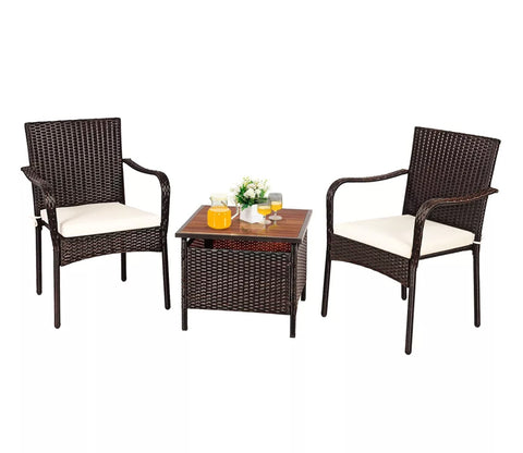 Dark Brown Rattan And Wicker 2 Seater Chair Set With Square Table And Cream Cushions