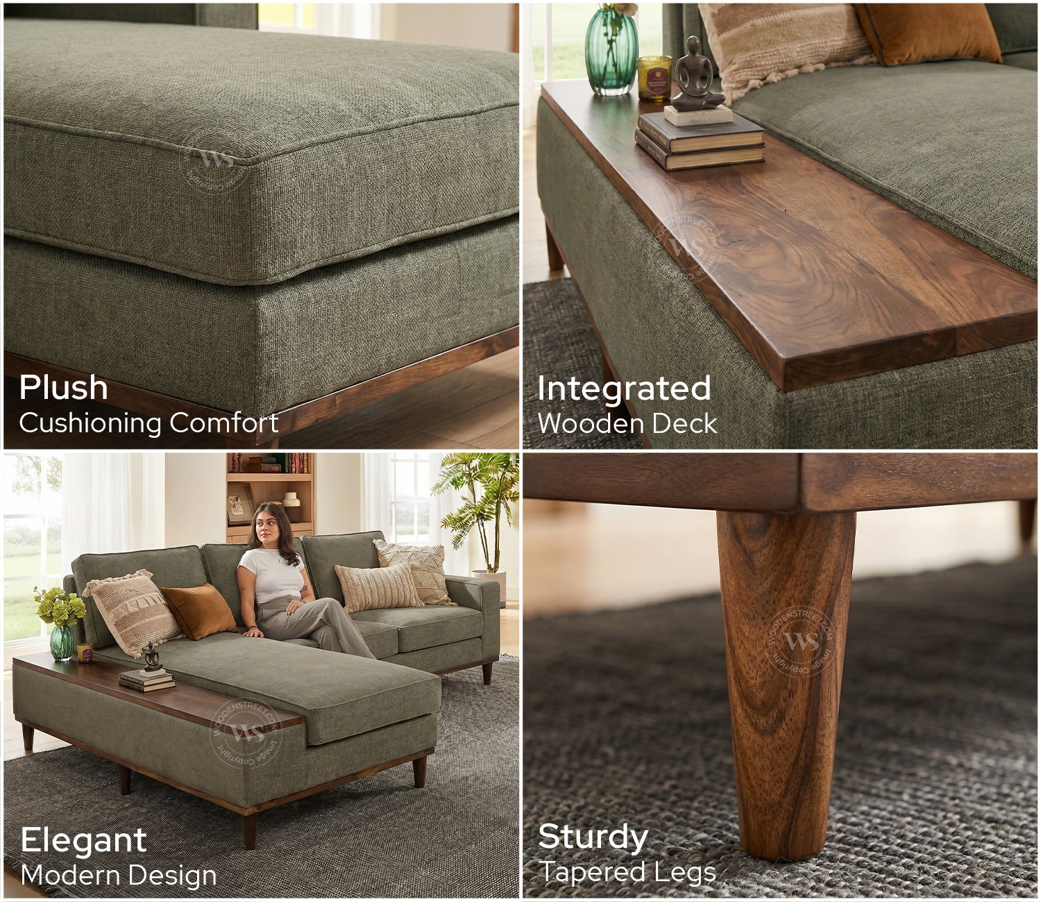 Ashion Premium Left Aligned L Shape Sofa with Built-in Side Wooden Deck (Sage Green)