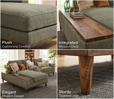 Ashion Premium Left Aligned L Shape Sofa with Built-in Side Wooden Deck (Sage Green)