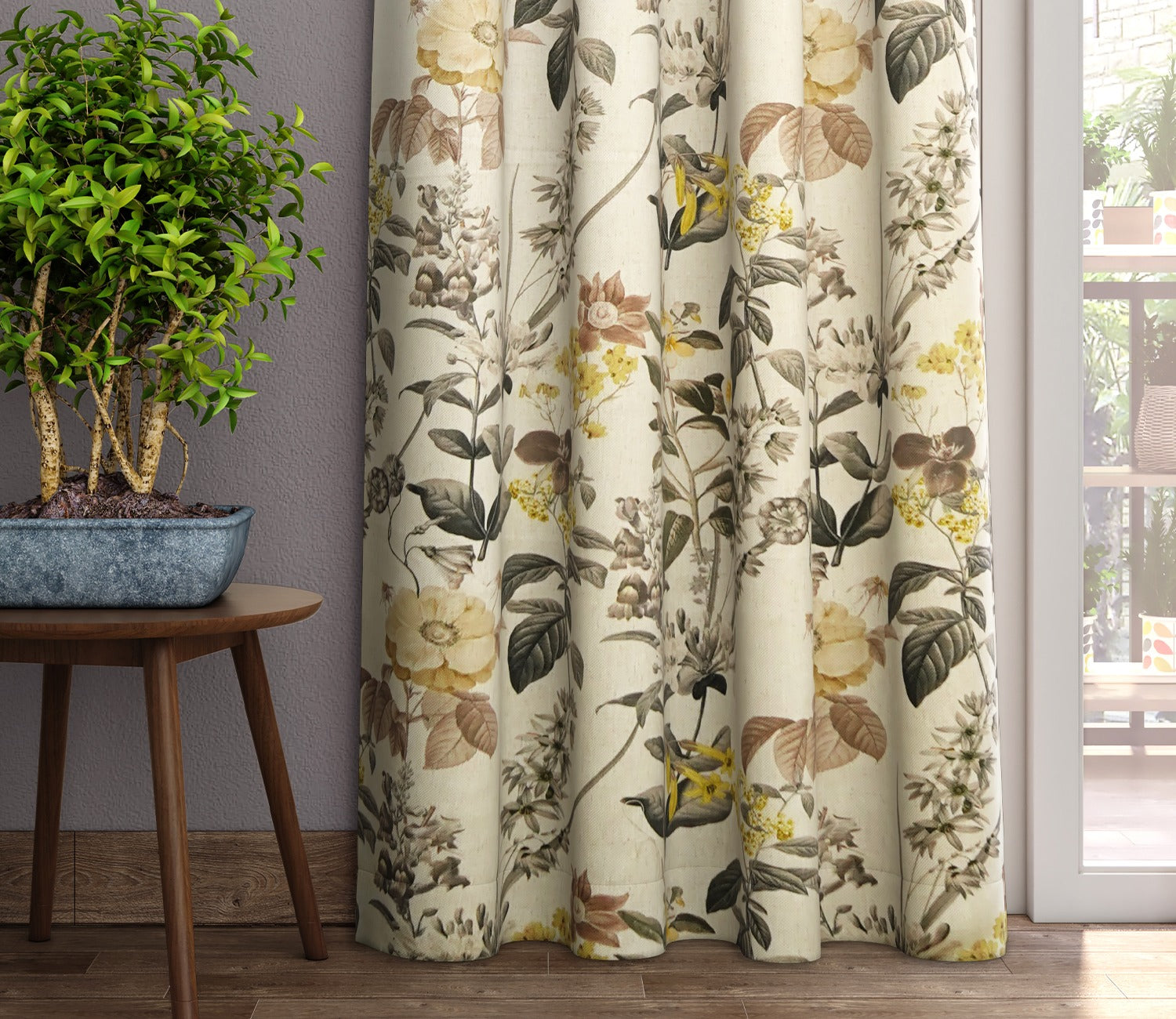 Leafy Floral Print Light-Filtering Door Curtains Set of 2 (Grey, 7 Feet)