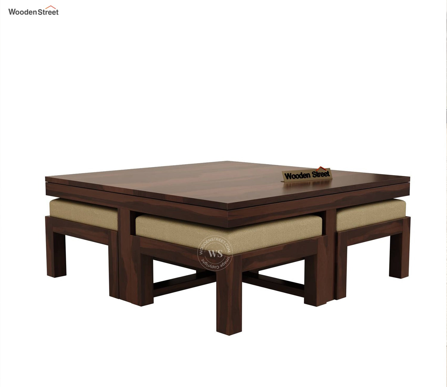 Reid Sheesham Wood Coffee Table with Four Cushioned Stools (Walnut Finish)