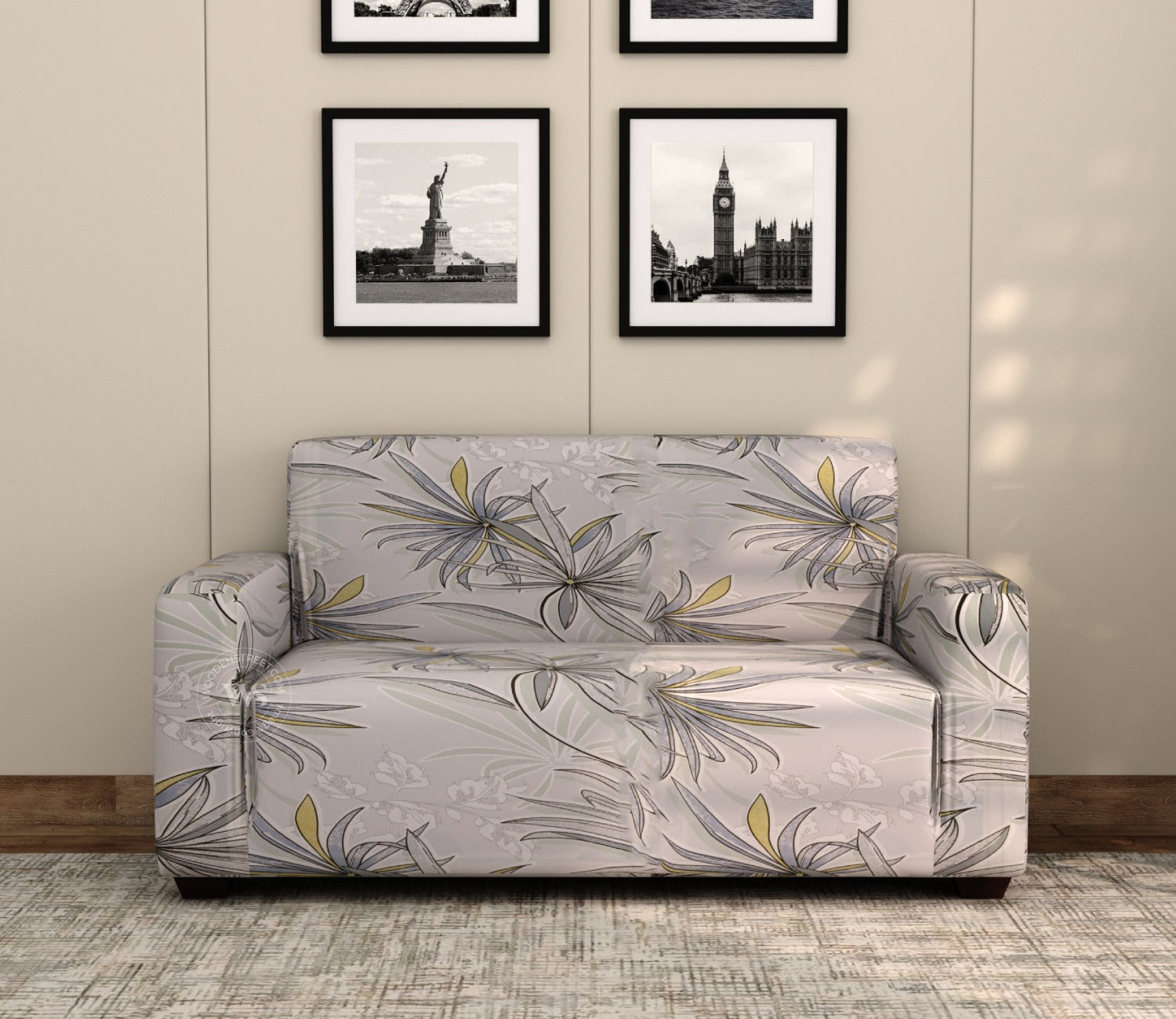 Cassia Floral Printed Polyester Spandex 3+2 Sofa Cover Set (Grey)