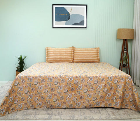 Mehrab Classic Printed King Size Bedsheet (Mustard)