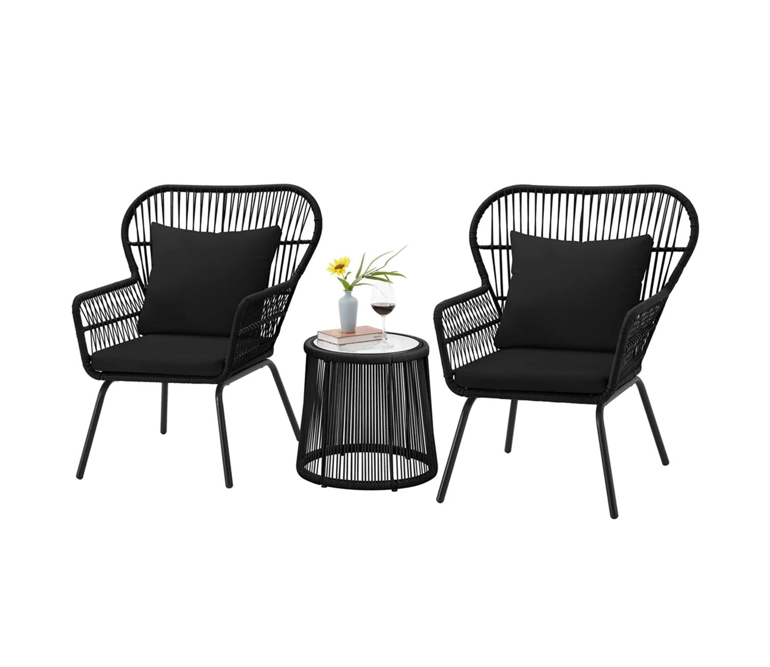 Black Rope 2 Seater Chair With Table And Black Cushions Patio Set