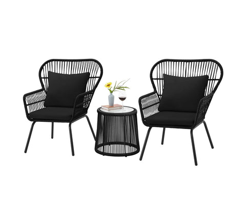 Black Rope 2 Seater Chair With Table And Black Cushions Patio Set