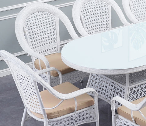 6 Seater Wicker Dining Table Set With Cream Cushions (White)