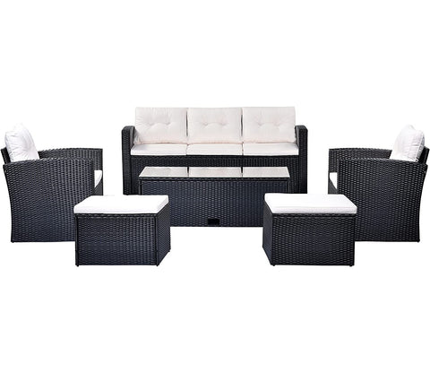 Black Rattan And Wicker 7 Seater Sofa Set With Table And Offwhite Cushions
