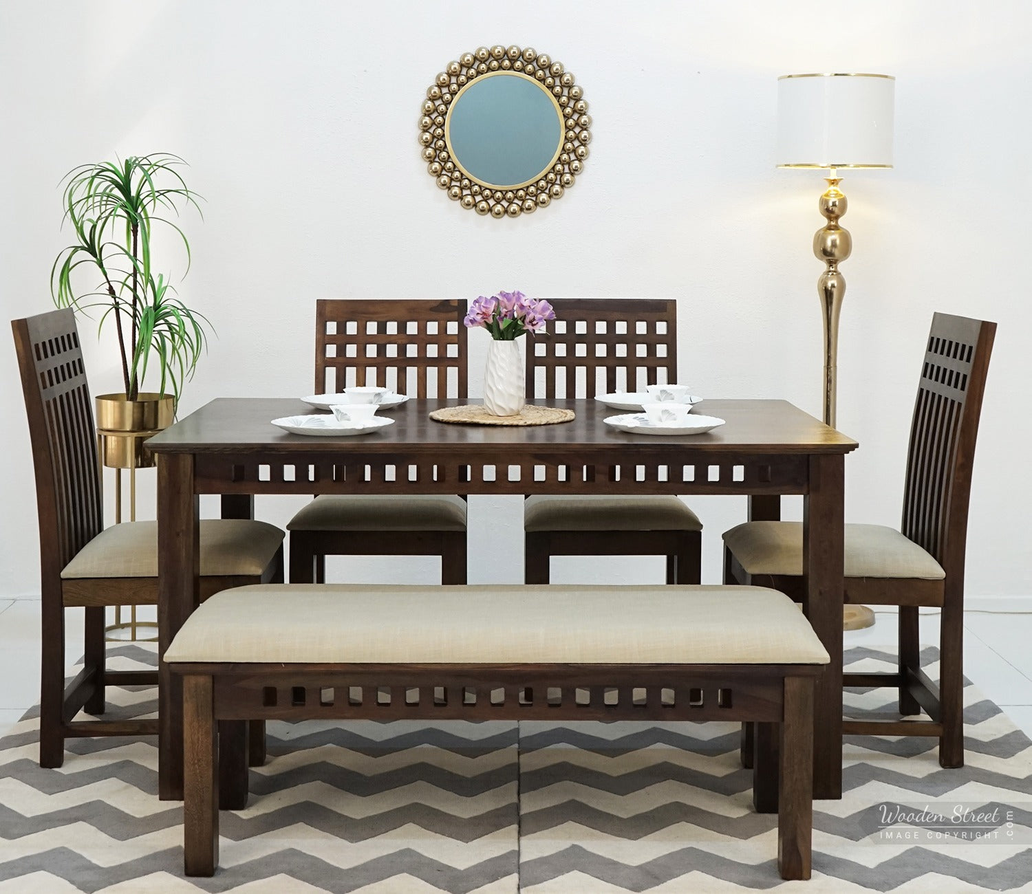 Adolph Dining Table 6 Seater Set With Bench (Walnut Finish)