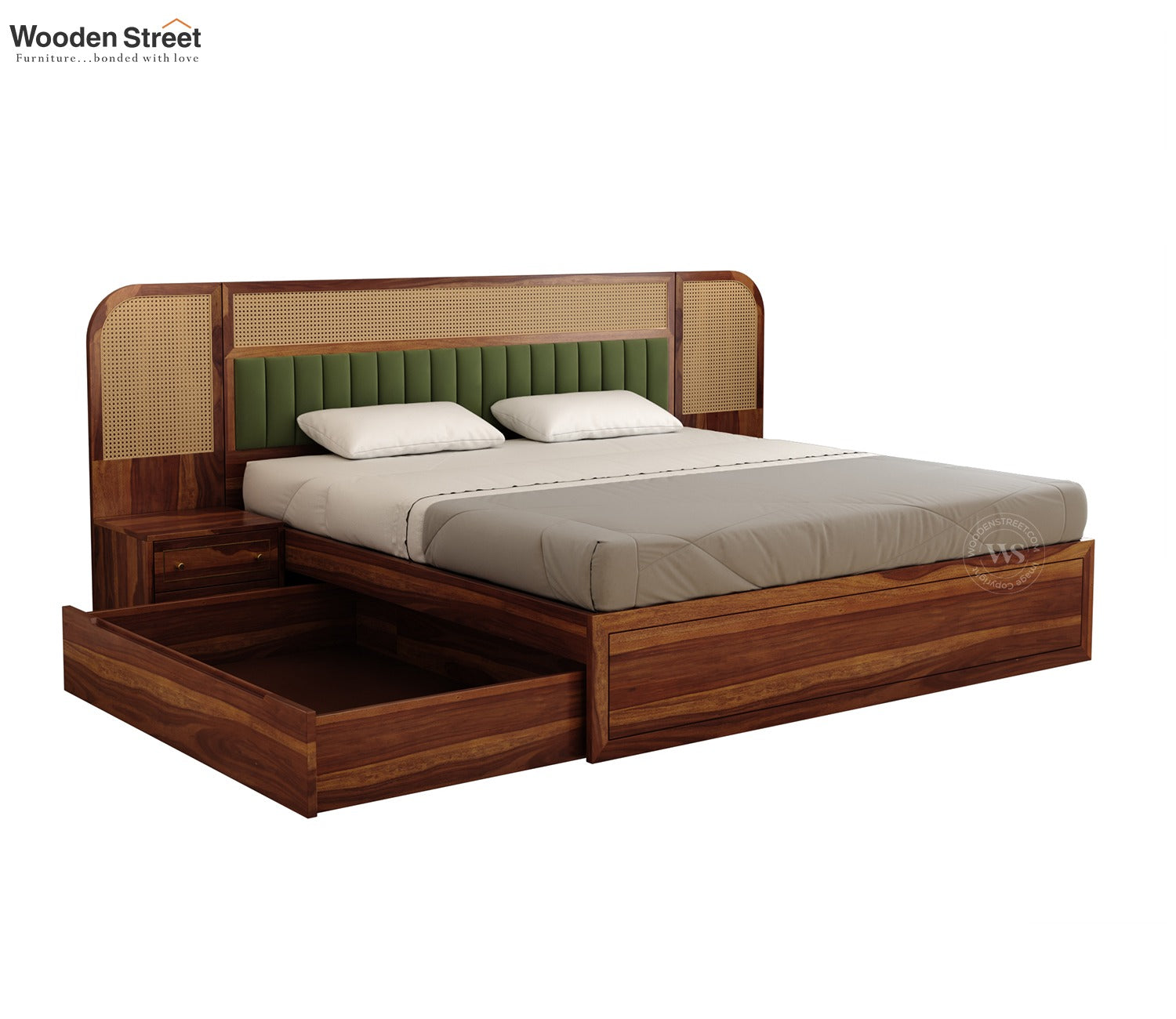 Serah Premium Sheesham Wood Bed with Cane & Velvet Headboard, Drawer Storage & 2 Modular Bedside Tables (Queen Size, Teak Finish)