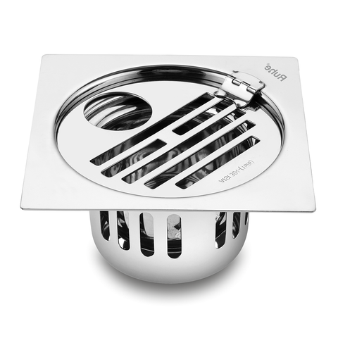 Trueliving_Classic Silver Square Flat Cut 304-Grade Floor Drain with Hinge, Hole & Cockroach Trap (5 x 5 Inches)
