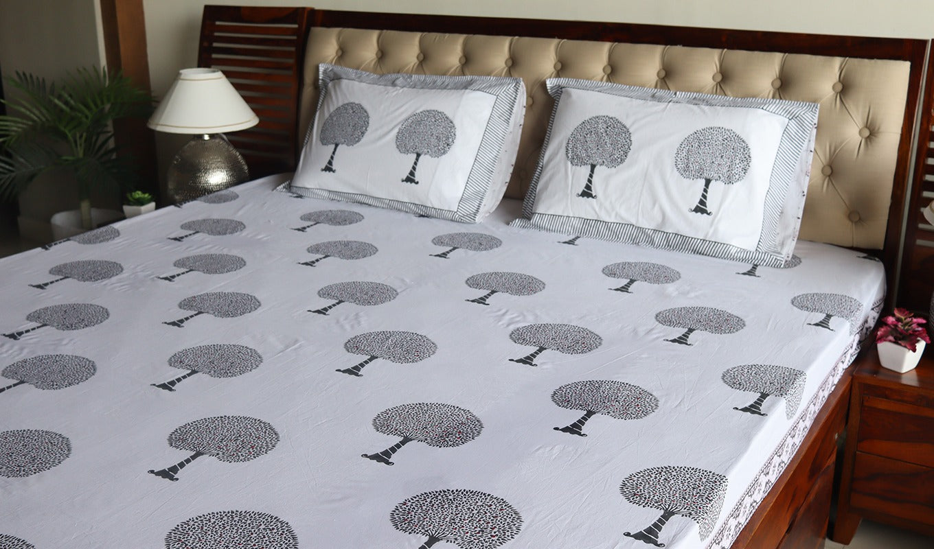 Tree Motifs Hand Block Printed White Double Bed Sheet with Pillow Covers