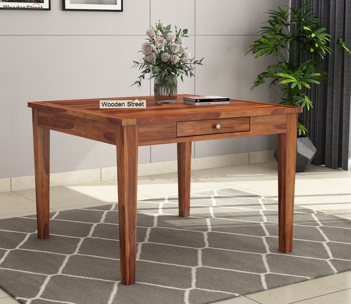 Mcbeth 4 Seater Dining Table With Storage (Honey Finish)