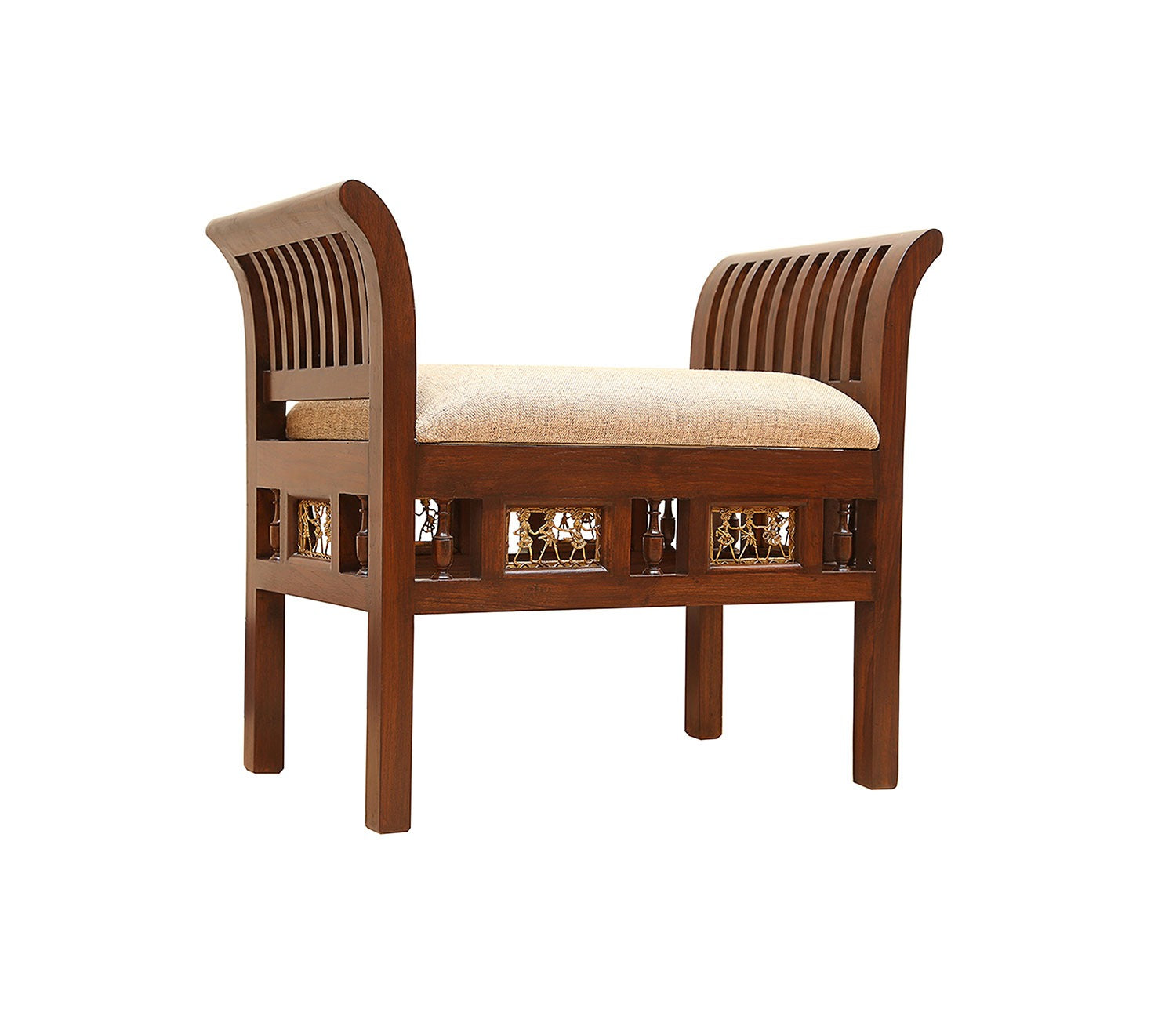 Cleo-II Ottoman with Cushioned Seat in Striped Wood Pattern finished in Walnut Color