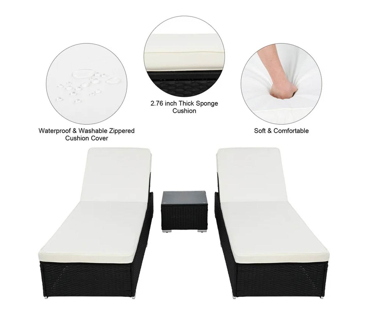 Black Two Rattan Wicker Outdoor Patio Lounger With White Cushions And Table