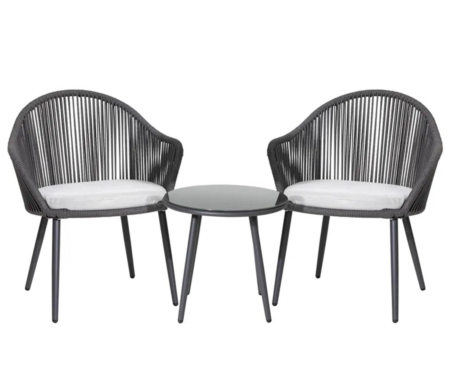 Dark Grey Rope 2 Seater Chair With Table And Off-White Cushions Balcony Sets