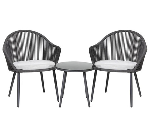 Dark Grey Rope 2 Seater Chair With Table And Off-White Cushions Balcony Sets