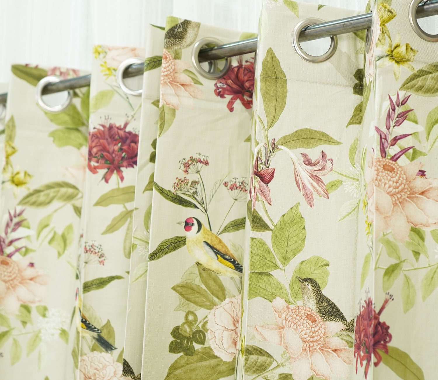 Bird Light-Filtering Door Curtains Set of 2 (Light Green, 7 Feet)