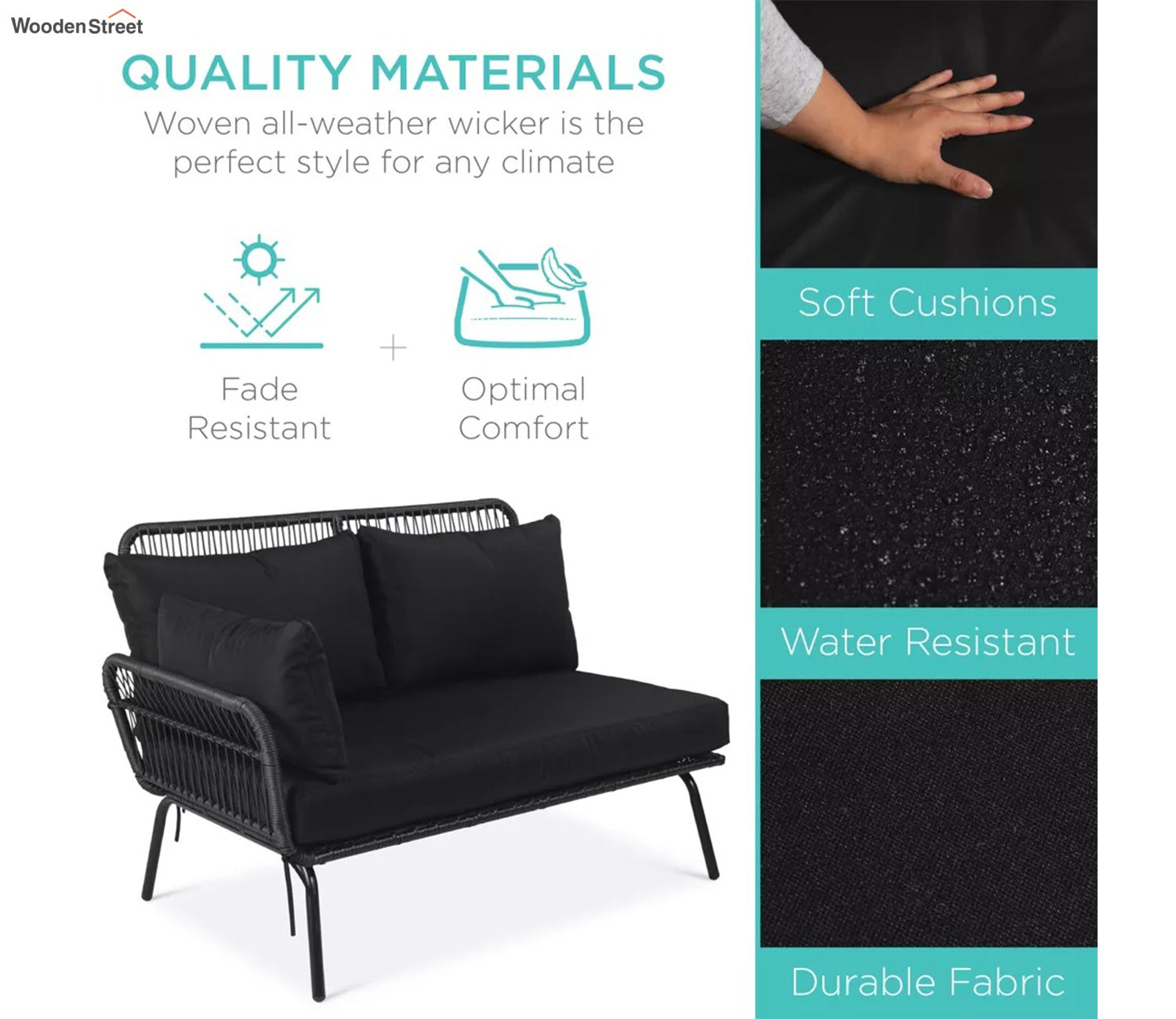 Black Detachable L Shaped Rope Outdoor Sofa with Table and Black Cushion Set