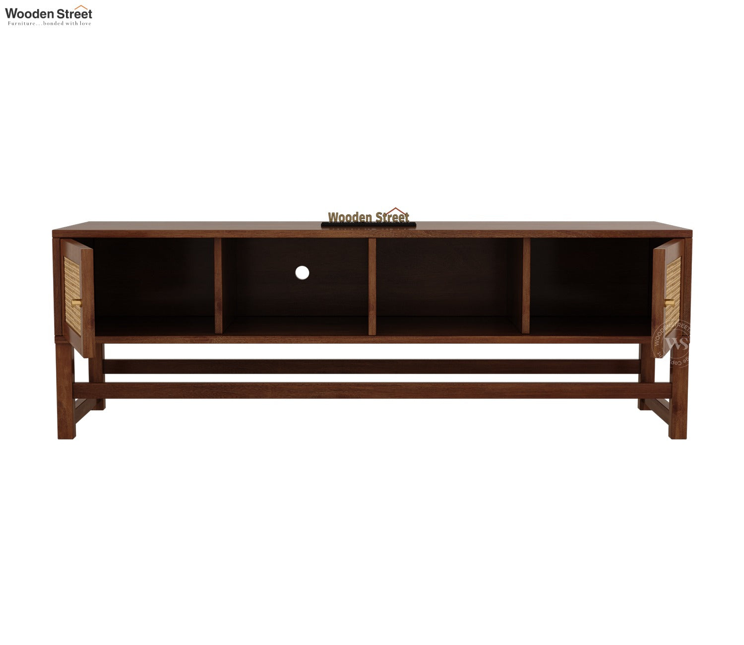 Imperio Premium Solid Wood TV Unit With Cane Door Cabinets & Open Shelves (Mango Wood, Honey Finish)