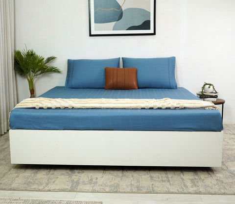 Dobby Checks Organic Bamboo 300 TC 2 Pillowcases and 1 Fitted Bedsheet (Blue, King Size)