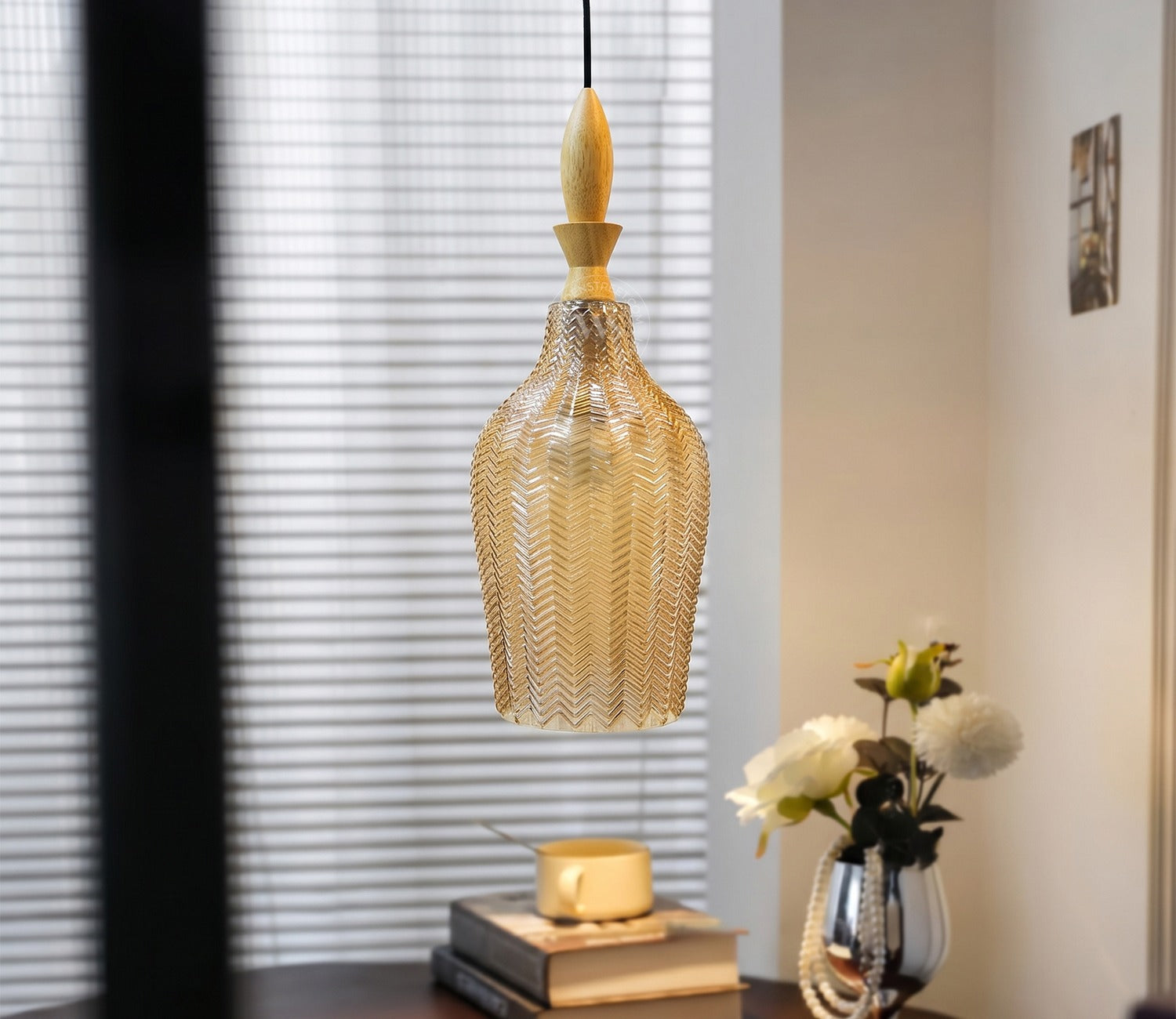 Miera Hanging Pendant Light with Carved Glass Shade (Amber)