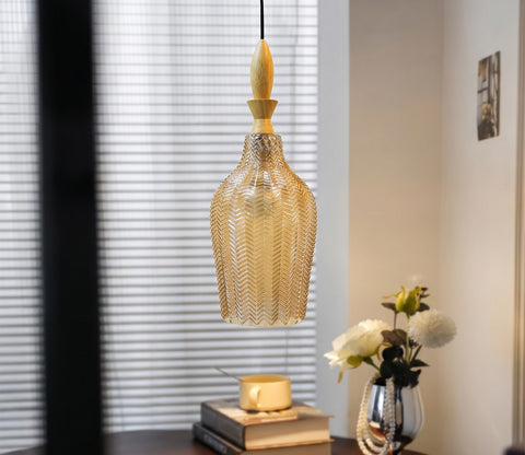 Miera Hanging Pendant Light with Carved Glass Shade (Amber)