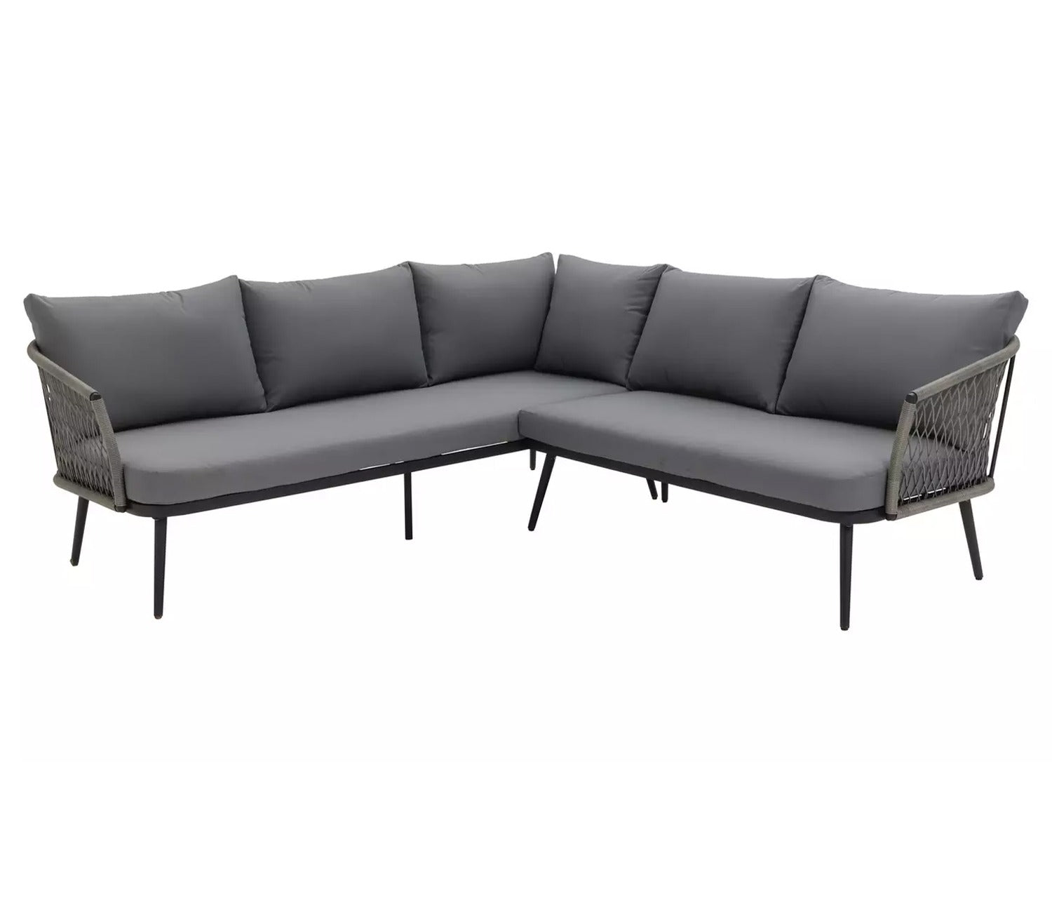 Dark Grey Rope L Shape Sofa Set With Table And Grey Cushions
