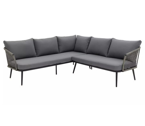 Dark Grey Rope L Shape Sofa Set With Table And Grey Cushions