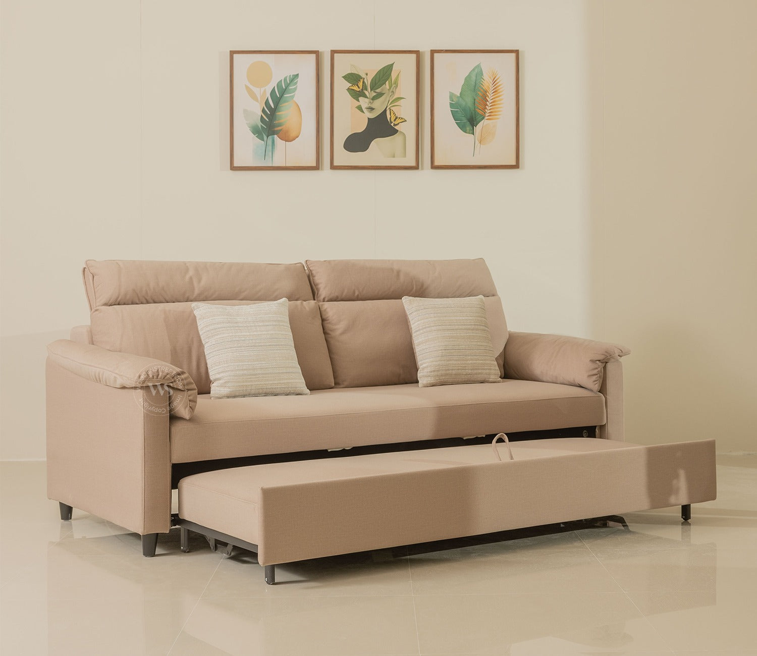Bruna 3-Seater Convertible Sofa Cum Bed | Pull-Out Mechanism | Adjustable Backrest | Premium Fabric Upholstery | Space-Saving Design (Beige)