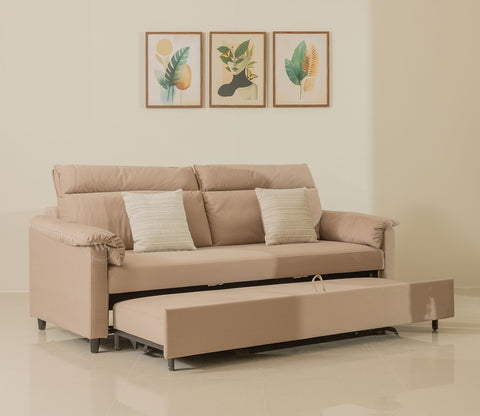 Bruna 3-Seater Convertible Sofa Cum Bed | Pull-Out Mechanism | Adjustable Backrest | Premium Fabric Upholstery | Space-Saving Design (Beige)