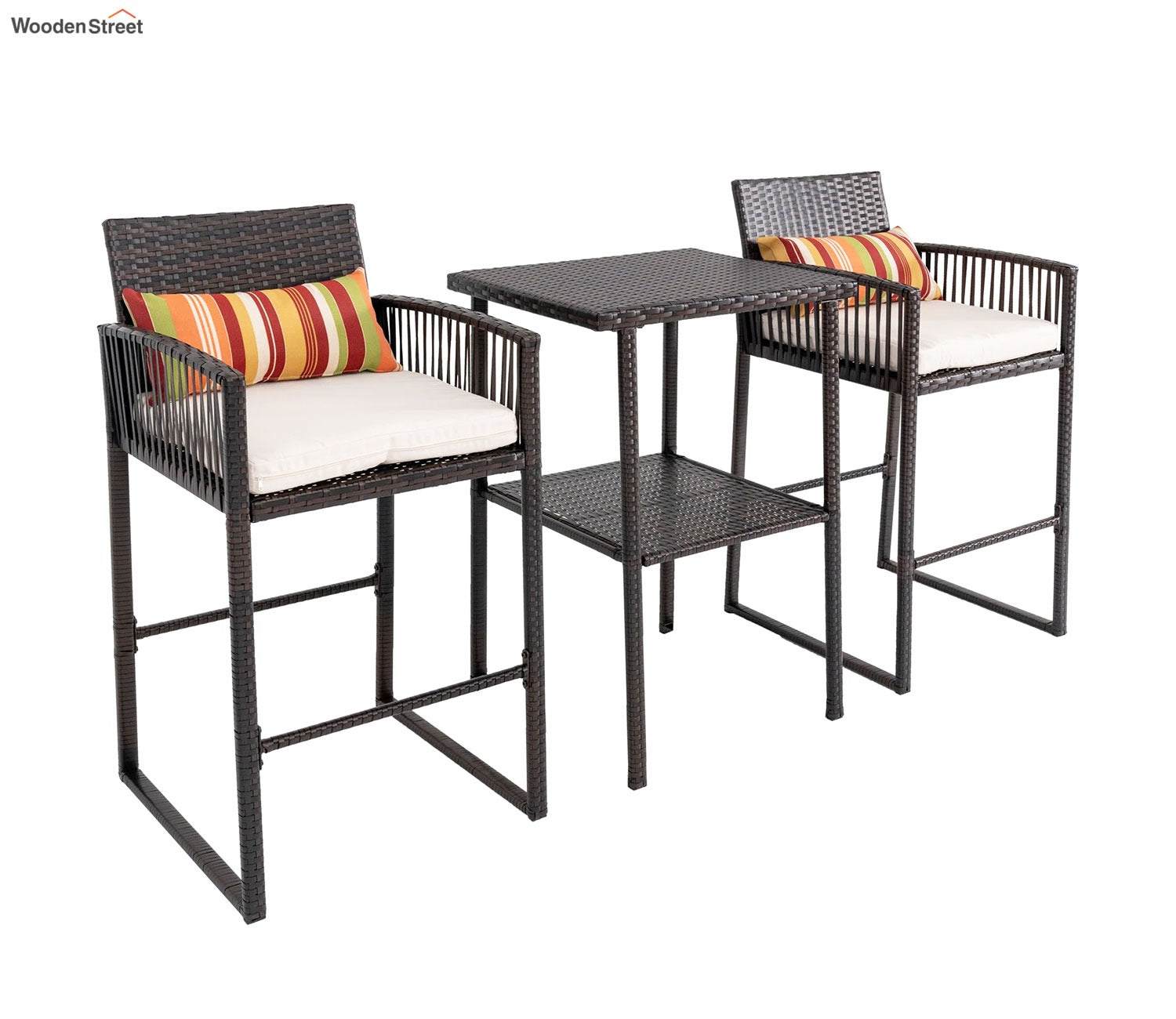 Dark Brown Rattan And Wicker Outdoor Bar Set With Cream Cushions