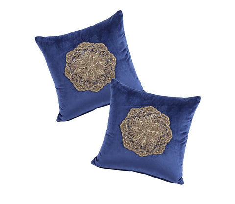 Beaded Velvet Cushion Covers - Set of 2 (Blue, 18 x 18 inch)