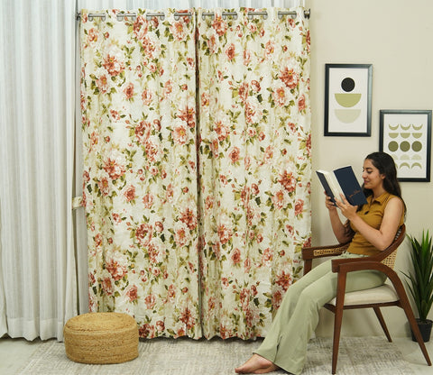 Bloom Floral Print Light-Filtering Door Curtains Set of 2 (Orange, 7 Feet)