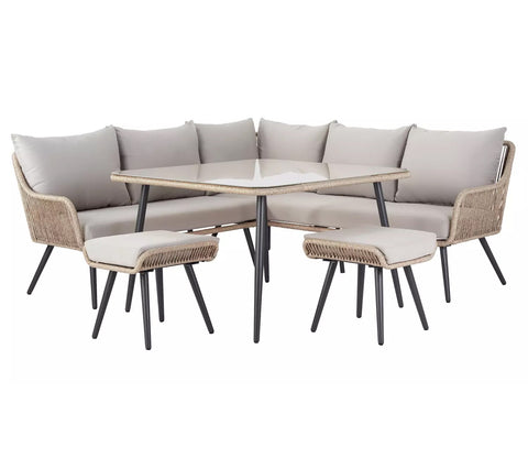 Beige Rope L Shape Sofa Set With Table And Light Grey Cushions