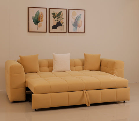 Cinnaro Modern Sofa Cum Bed with Pull Out Conversion and Tufted Design (Yellow)