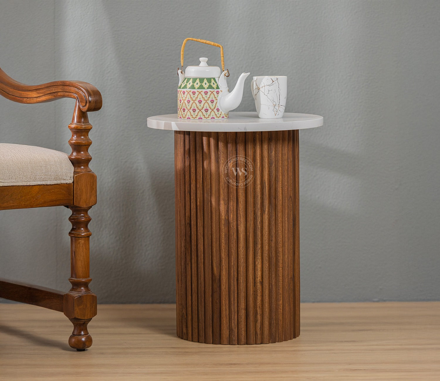 Shanay Sheesham Wood Quatrz Top Side and End Table (Teak Finish)