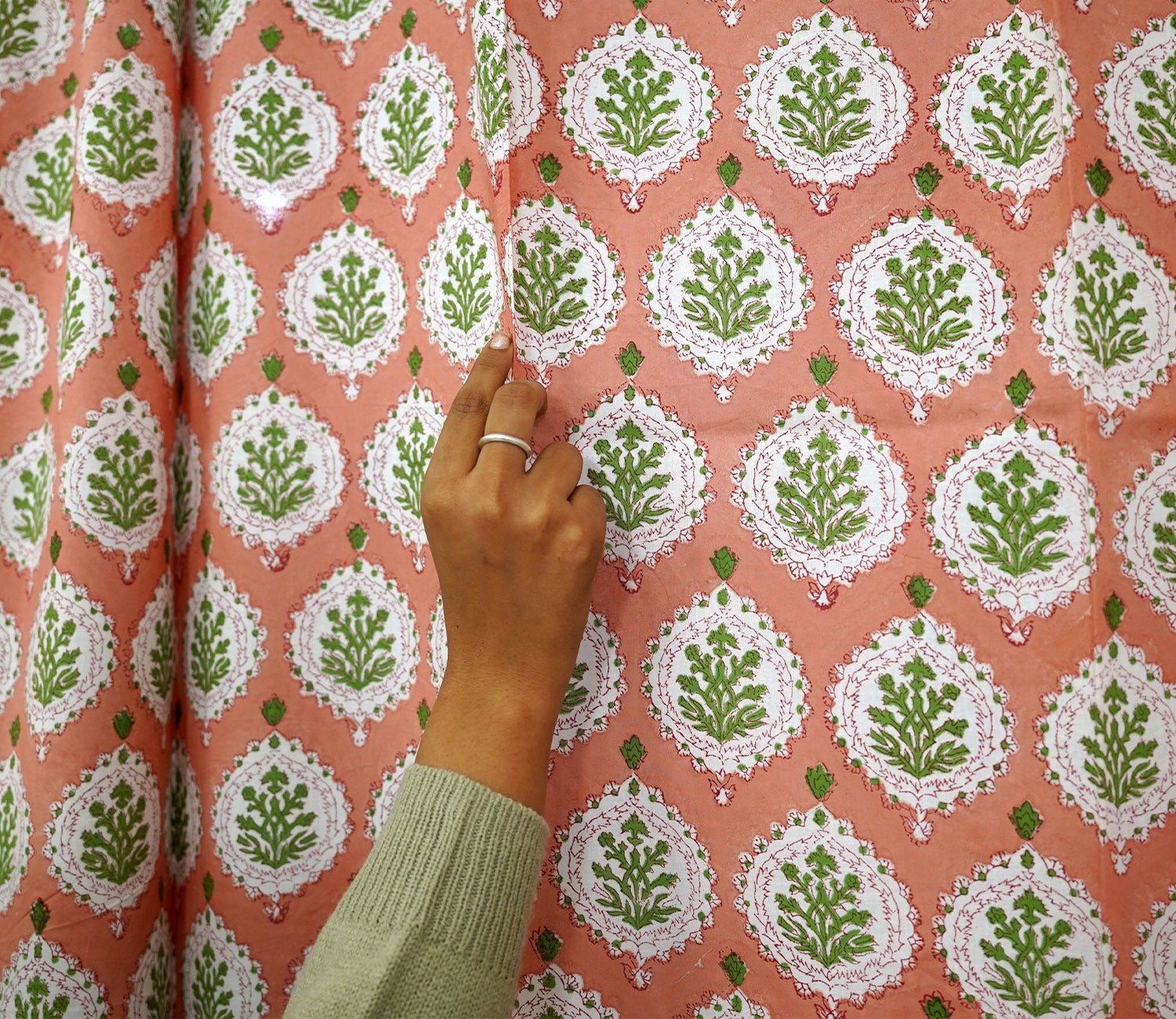 Floral Large Butah 1 Piece Door Curtain (Peach, 7 Feet)