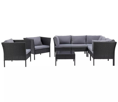 Black Rattan And Wicker 7 Seater Patio Set With Table And Grey Cushions