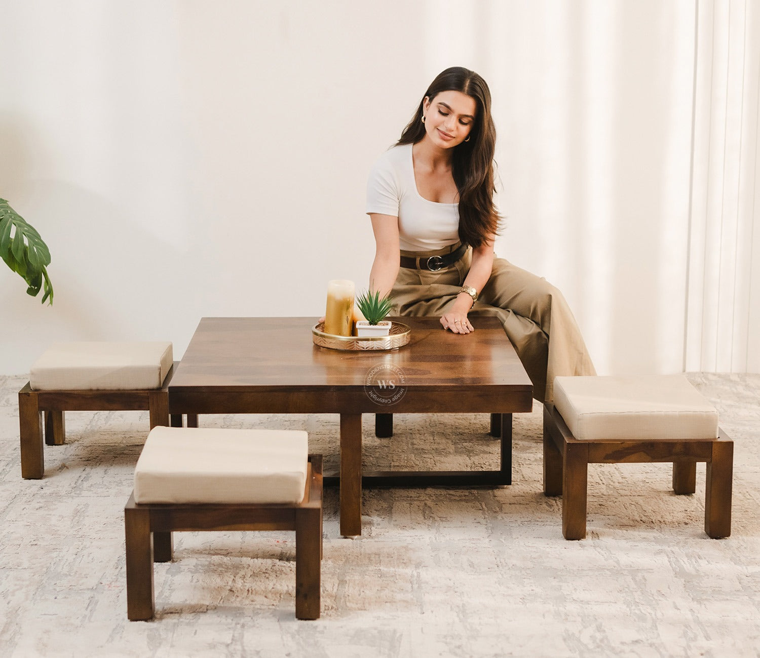 Reid Sheesham Wood Coffee Table with Four Cushioned Stools (Walnut Finish)