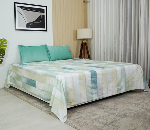Grid Rectangular 180 TC Flat Pure Cotton King Size Bedsheet With 2 Pillow Covers (Blue)