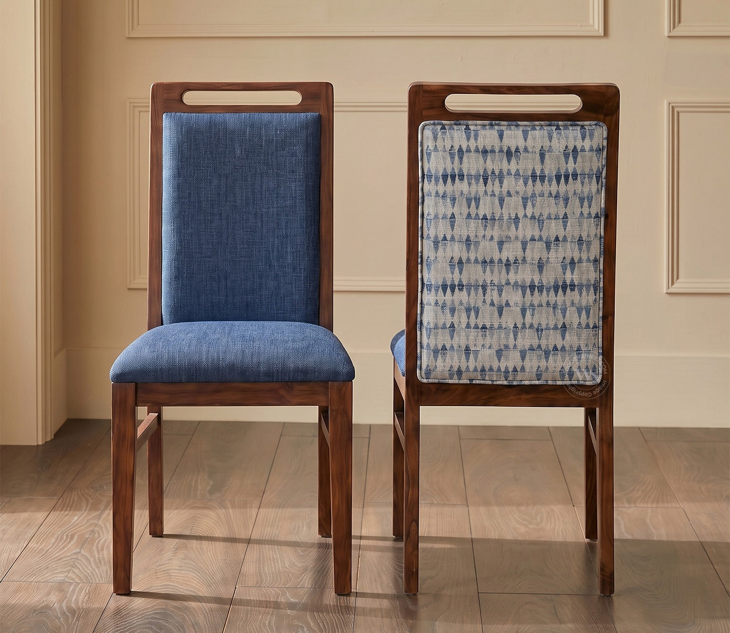 Hazel Sheesham Wood Premium Cotton Cushioned Dining Chair - Set of 2 (Cotton, Honey Iris Blue)