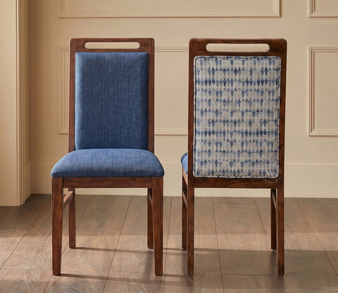 Hazel Sheesham Wood Premium Cotton Cushioned Dining Chair - Set of 2 (Cotton, Honey Iris Blue)